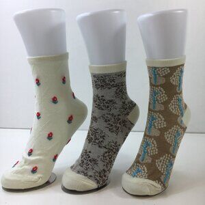 Womens Floral Crew Socks 3 Pack Ribbed Cuffs Cable Knit Beige Gray Ivory